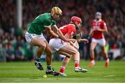 7 June 2025; Dan Morrissey of Limerick in action against Alan Connolly of Cork during the Munster GAA Hurling Senior Championship final match between Limerick and Cork at TUS Gaelic Grounds in Limerick. Photo by Piaras Ó Mídheach/Sportsfile