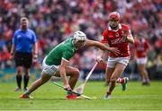 7 June 2025; Kyle Hayes of Limerick in action against Alan Connolly of Cork during the Munster GAA Hurling Senior Championship final match between Limerick and Cork at TUS Gaelic Grounds in Limerick. Photo by Piaras Ó Mídheach/Sportsfile
