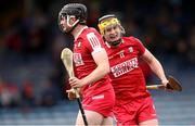 7 June 2025; Dean Murphy of Cork White, left, celebrates after scoring his side's first goal with teammate Shane Murtagh during the Electric Ireland Celtic Challenge Corn Michael Hogan final match between Tipperary Gold and Cork White at FBD Semple Stadium in Thurles, Tipperary. Photo by Michael P Ryan/Sportsfile