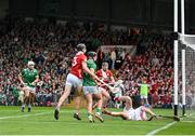 7 June 2025; Cork goalkeeper Patrick Collins is beaten by a shot from Aidan O'Connor of Limerick, in the 20th minute, for the first goal during the Munster GAA Hurling Senior Championship final match between Limerick and Cork at TUS Gaelic Grounds in Limerick. Photo by Ray McManus/Sportsfile