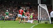 7 June 2025; Cork goalkeeper Patrick Collins is beaten by a shot from Aidan O'Connor of Limerick, in the 20th minute, for the first goal during the Munster GAA Hurling Senior Championship final match between Limerick and Cork at TUS Gaelic Grounds in Limerick. Photo by Ray McManus/Sportsfile