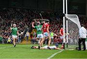 7 June 2025; Aidan O'Connor of Limerick, 14, celebrates scoring the first goal, in the 20th minute, during the Munster GAA Hurling Senior Championship final match between Limerick and Cork at TUS Gaelic Grounds in Limerick. Photo by Ray McManus/Sportsfile