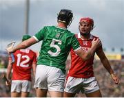 7 June 2025; Diarmaid Byrnes of Limerick and Brian Hayes of Cork during the Munster GAA Hurling Senior Championship final match between Limerick and Cork at TUS Gaelic Grounds in Limerick. Photo by John Sheridan/Sportsfile