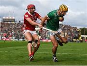 7 June 2025; Dan Morrissey of Limerick in action against Brian Hayes of Cork during the Munster GAA Hurling Senior Championship final match between Limerick and Cork at TUS Gaelic Grounds in Limerick. Photo by John Sheridan/Sportsfile