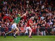 7 June 2025; Patrick Horgan of Cork in action against Dan Morrissey of Limerick during the Munster GAA Hurling Senior Championship final match between Limerick and Cork at TUS Gaelic Grounds in Limerick. Photo by Piaras Ó Mídheach/Sportsfile