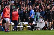 7 June 2025; Referee Thomas Walsh with Cork manager Pat Ryan after the half-time whistle during the Munster GAA Hurling Senior Championship final match between Limerick and Cork at TUS Gaelic Grounds in Limerick. Photo by Piaras Ó Mídheach/Sportsfile