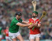 7 June 2025; Séamus Harnedy of Cork in action against Diarmaid Byrnes of Limerick during the Munster GAA Hurling Senior Championship final match between Limerick and Cork at TUS Gaelic Grounds in Limerick. Photo by John Sheridan/Sportsfile