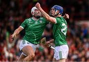 7 June 2025; Shane O'Brien of Limerick celebrates with team-mate Aaron Gillane, left, after scoring their side's second goal, during the Munster GAA Hurling Senior Championship final match between Limerick and Cork at TUS Gaelic Grounds in Limerick. Photo by Piaras Ó Mídheach/Sportsfile
