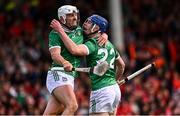 7 June 2025; Shane O'Brien of Limerick celebrates with team-mate Aaron Gillane, left, after scoring their side's second goal, during the Munster GAA Hurling Senior Championship final match between Limerick and Cork at TUS Gaelic Grounds in Limerick. Photo by Piaras Ó Mídheach/Sportsfile