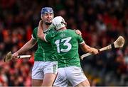 7 June 2025; Shane O'Brien of Limerick celebrates with team-mate Aaron Gillane, 13, after scoring their side's second goal, during the Munster GAA Hurling Senior Championship final match between Limerick and Cork at TUS Gaelic Grounds in Limerick. Photo by Piaras Ó Mídheach/Sportsfile