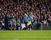 7 June 2025; Limerick manager John Kiely, right, during the Munster GAA Hurling Senior Championship final match between Limerick and Cork at TUS Gaelic Grounds in Limerick. Photo by Piaras Ó Mídheach/Sportsfile