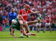 7 June 2025; Kyle Hayes of Limerick in action against Alan Connolly of Cork during the Munster GAA Hurling Senior Championship final match between Limerick and Cork at TUS Gaelic Grounds in Limerick. Photo by Piaras Ó Mídheach/Sportsfile