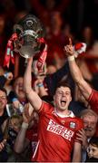 7 June 2025; Robert Downey of Cork lifts the Mick Mackey cup after winning the Munster GAA Hurling Senior Championship final match between Limerick and Cork at TUS Gaelic Grounds in Limerick. Photo by John Sheridan/Sportsfile