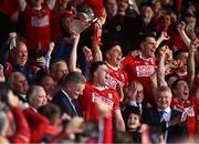 7 June 2025; Cork captain Robert Downey lifts the Mick Mackey cup after the Munster GAA Hurling Senior Championship final match between Limerick and Cork at TUS Gaelic Grounds in Limerick. Photo by Ray McManus/Sportsfile