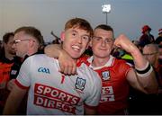 7 June 2025; Cork players, from left, Patrick Collins and Tommy O'Connell celebrate the Munster GAA Hurling Senior Championship final match between Limerick and Cork at TUS Gaelic Grounds in Limerick. Photo by John Sheridan/Sportsfile