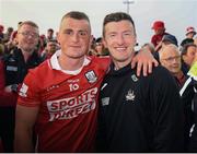 7 June 2025; Cork players, from left, Tommy O'Connell and Patrick Horgan celebrate after winning the Munster GAA Hurling Senior Championship final match between Limerick and Cork at TUS Gaelic Grounds in Limerick. Photo by John Sheridan/Sportsfile