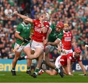 7 June 2025; Tommy O'Connell of Cork is tackled by Barry Nash of Limerick during the Munster GAA Hurling Senior Championship final match between Limerick and Cork at TUS Gaelic Grounds in Limerick. Photo by Ray McManus/Sportsfile
