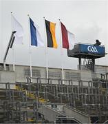 8 June 2025; The flags of Kildare, Laois, Kilkenny and Galway before the Joe McDonagh Cup final match between Kildare and Laois at Croke Park in Dublin. Photo by Ramsey Cardy/Sportsfile