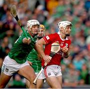 7 June 2025; Tommy O'Connell of Cork is tackled by Kyle Hayes of Limerick during the Munster GAA Hurling Senior Championship final match between Limerick and Cork at TUS Gaelic Grounds in Limerick. Photo by Ray McManus/Sportsfile