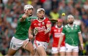 7 June 2025; Tommy O'Connell of Cork is tackled by Kyle Hayes of Limerick during the Munster GAA Hurling Senior Championship final match between Limerick and Cork at TUS Gaelic Grounds in Limerick. Photo by Ray McManus/Sportsfile