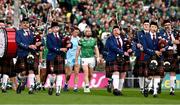 7 June 2025; Limerick captain Cian Lynch leads the players behind the St Patrick's Pipe Band, from Tulla, during the parade before the Munster GAA Hurling Senior Championship final match between Limerick and Cork at TUS Gaelic Grounds in Limerick. Photo by Ray McManus/Sportsfile