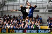 7 June 2025; James Lowe of Leinster and Kyle Steyn of Glasgow Warriors contest a high ball during the United Rugby Championship semi-final match between Leinster and Glasgow Warriors at the Aviva Stadium in Dublin. Photo by Seb Daly/Sportsfile