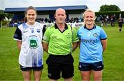 8 June 2025; Referee Barry Redmond with Waterford captain Emma Murray, left, and Dublin captain Carla Rowe before the TG4 All-Ireland Senior Championship match between Waterford and Dublin at Dungarvan GAA Club in Dungarvan, Waterford. Photo by Seb Daly/Sportsfile