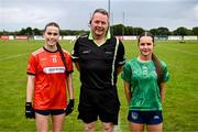 8 June 2025; Referee Anthony Campbell with Armagh captain Gemma Marsden, left, and Limerick captain Meadbh Conneely before the LGFA All-Ireland U14 Bronze Final match between Limerick and Armagh at Coralstown/Kinnegad GAA in Westmeath. Photo by Ben McShane/Sportsfile