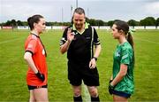 8 June 2025; Referee Anthony Campbell performs the coin-toss in the company of Armagh captain Gemma Marsden, left, and Limerick captain Meadbh Conneely before the LGFA All-Ireland U14 Bronze Final match between Limerick and Armagh at Coralstown/Kinnegad GAA in Westmeath. Photo by Ben McShane/Sportsfile