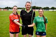 8 June 2025; Referee Anthony Campbell with Armagh captain Gemma Marsden, left, and Limerick captain Meadbh Conneely before the LGFA All-Ireland U14 Bronze Final match between Limerick and Armagh at Coralstown/Kinnegad GAA in Westmeath. Photo by Ben McShane/Sportsfile