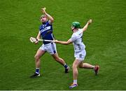 8 June 2025; Jer Quinlan of Laois in action against Paul Dolan of Kildare during the Joe McDonagh Cup final match between Kildare and Laois at Croke Park in Dublin. Photo by Piaras Ó Mídheach/Sportsfile
