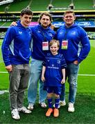 7 June 2025; Mascot Ciarán Golden wth Leinster players Cormac Foley, John McKee and Tadhg Furlong before the United Rugby Championship semi-final match between Leinster and Glasgow Warriors at the Aviva Stadium in Dublin. Photo by Brendan Moran/Sportsfile