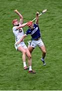 8 June 2025; James Burke of Kildare in action against David Dooley of Laois during the Joe McDonagh Cup final match between Kildare and Laois at Croke Park in Dublin. Photo by Piaras Ó Mídheach/Sportsfile