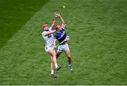 8 June 2025; James Burke of Kildare in action against David Dooley of Laois during the Joe McDonagh Cup final match between Kildare and Laois at Croke Park in Dublin. Photo by Piaras Ó Mídheach/Sportsfile