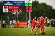 8 June 2025; Armagh players celebrate at the final whistle of the LGFA All-Ireland U14 Bronze Final match between Limerick and Armagh at Coralstown/Kinnegad GAA in Westmeath. Photo by Ben McShane/Sportsfile