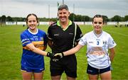 8 June 2025; Referee Conor McCarthy with Tipperary captain Farrah Madigan, left, and Cavan captain Nadine McKenna before the LGFA All-Ireland U14 Silver Final match between Tipperary and Cavan at Coralstown/Kinnegad GAA in Westmeath. Photo by Ben McShane/Sportsfile