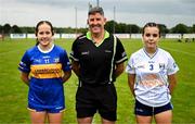 8 June 2025; Referee Conor McCarthy with Tipperary captain Farrah Madigan, left, and Cavan captain Nadine McKenna before the LGFA All-Ireland U14 Silver Final match between Tipperary and Cavan at Coralstown/Kinnegad GAA in Westmeath. Photo by Ben McShane/Sportsfile