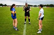 8 June 2025; Referee Conor McCarthy performs the coin-toss in the company of Tipperary captain Farrah Madigan, left, and Cavan captain Nadine McKenna before the LGFA All-Ireland U14 Silver Final match between Tipperary and Cavan at Coralstown/Kinnegad GAA in Westmeath. Photo by Ben McShane/Sportsfile