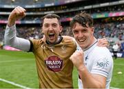 8 June 2025; Kildare players, from left, Paddy McKenna and Daniel O'Meara celebrate after winning the Joe McDonagh Cup final match between Kildare and Laois at Croke Park in Dublin. Photo by John Sheridan/Sportsfile