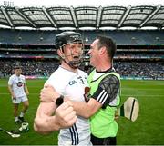 8 June 2025; Rian Boran of Kildare celebrates with Kildare manager Brian Dowling after the Joe McDonagh Cup final match between Kildare and Laois at Croke Park in Dublin. Photo by Ramsey Cardy/Sportsfile