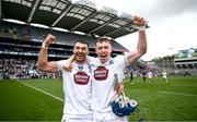 8 June 2025; Jack Travers, left, and Darragh Melville of Kildare celebrate after the Joe McDonagh Cup final match between Kildare and Laois at Croke Park in Dublin. Photo by Ramsey Cardy/Sportsfile