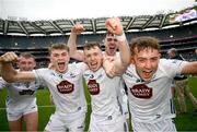 8 June 2025; Kildare players, from left, Paul Dolan, Darragh Melville and Conn Kehoe after the Joe McDonagh Cup final match between Kildare and Laois at Croke Park in Dublin. Photo by Ramsey Cardy/Sportsfile