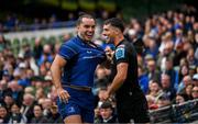 7 June 2025; James Lowe of Leinster, left, and Adam Hastings of Glasgow Warriorstussle during the United Rugby Championship semi-final match between Leinster and Glasgow Warriors at the Aviva Stadium in Dublin. Photo by Brendan Moran/Sportsfile