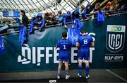 7 June 2025; Andrew Porter, left, and Ryan Baird of Leinster with supporters after the United Rugby Championship semi-final match between Leinster and Glasgow Warriors at the Aviva Stadium in Dublin. Photo by Brendan Moran/Sportsfile