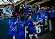 7 June 2025; Andrew Porter, left, and Ryan Baird of Leinster with supporters after the United Rugby Championship semi-final match between Leinster and Glasgow Warriors at the Aviva Stadium in Dublin. Photo by Brendan Moran/Sportsfile