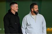 7 June 2025; British & Irish Lions assistant coach Jonathan Sexton, left, and British & Irish Lions head coach Andy Farrell before the United Rugby Championship semi-final match between Leinster and Glasgow Warriors at the Aviva Stadium in Dublin. Photo by Brendan Moran/Sportsfile