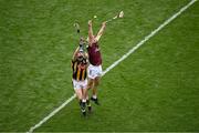 8 June 2025; Daithí Burke of Galway in action against TJ Reid of Kilkenny during the Leinster GAA Senior Hurling Championship final match between Kilkenny and Galway at Croke Park in Dublin. Photo by Piaras Ó Mídheach/Sportsfile