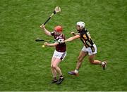 8 June 2025; Tom Monaghan of Galway is tackled by Cian Kenny of Kilkenny, for which Kenny was shown the yellow card by referee Johnny Murphy, during the Leinster GAA Senior Hurling Championship final match between Kilkenny and Galway at Croke Park in Dublin. Photo by Piaras Ó Mídheach/Sportsfile