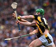 8 June 2025; Martin Keoghan of Kilkenny catches the sliotar ahead of Daithí Burke of Galway during the Leinster GAA Senior Hurling Championship final match between Kilkenny and Galway at Croke Park in Dublin. Photo by Ray McManus/Sportsfile