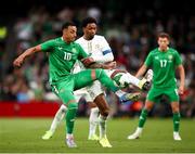 6 June 2025; Adam Idah of Republic of Ireland in action against Abdou Diallo of Senegal during the international friendly match between Republic of Ireland and Senegal at the Aviva Stadium in Dublin. Photo by Michael P Ryan/Sportsfile